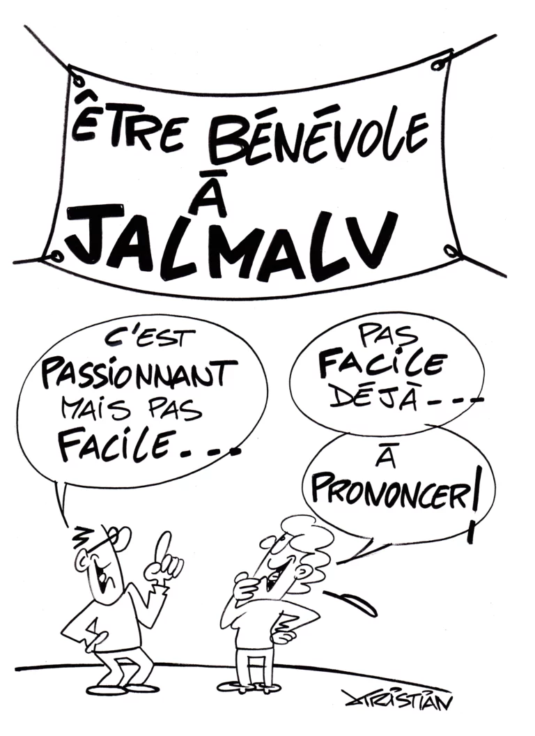 Dessin humoristique sur l'engagement bénévole au sein de l'association JALMALV 06, montrant deux personnages discutant de la complexité et de la richesse de cette mission